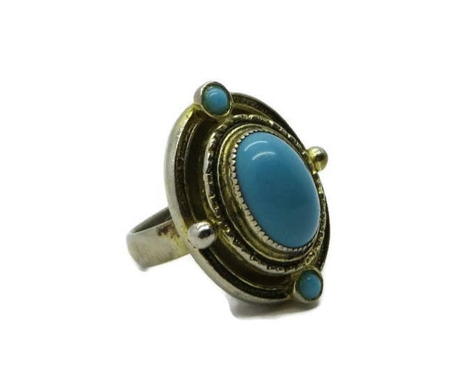 Faux Turquoise Boho Ring, Vintage Goldtone Costume Jewelry Fun Gift Ring, Adjustable Ring