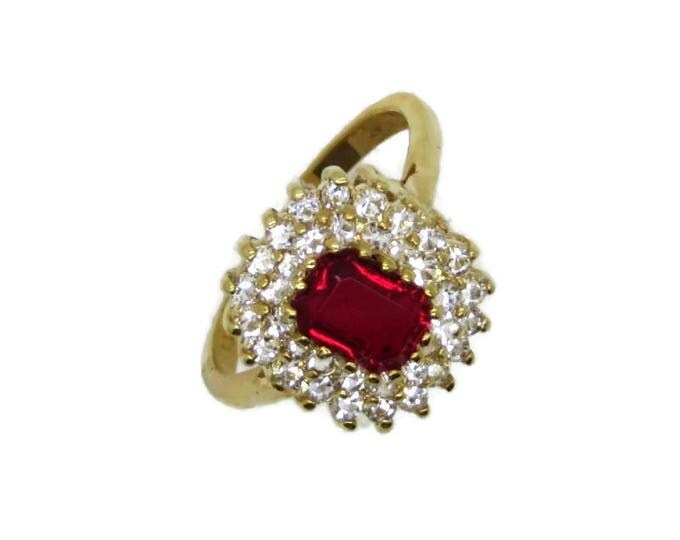 Red Garnet CZ Ring, 14K Gold Plated Ring, Vintage LIND Ring, Cocktail Ring, Size 10