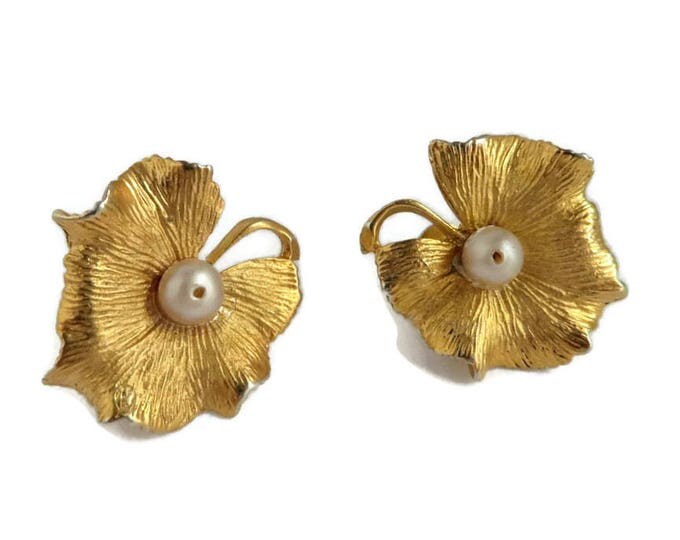 Coro Gold Tone Flower Earrings, Vintage Faux Pearl Screw Back Earrings