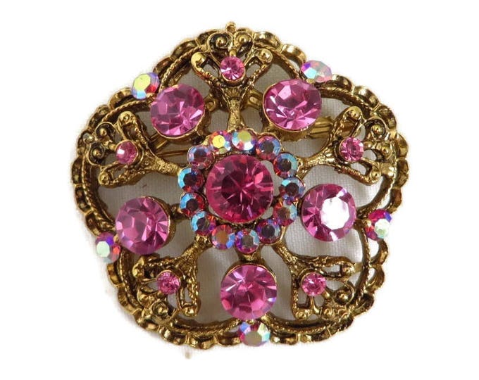 Pink Rhinestone Brooch, Mid Century Pin, Vintage Weiss Pink Rhinestone Brooch, AB Rhinestone Gold Tone Signed Designer Pin Pink Rhinestone Brooch, Mid Century Pin, Vintage Weiss Pink Rhinestone Brooch, AB Rhinestone Gold Tone Signed Designer Pin