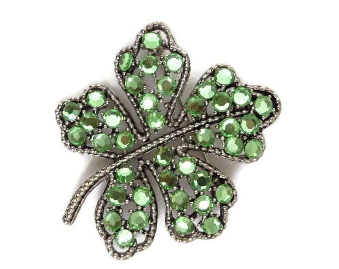 Rhinestone Shamrock Brooch - Vintage Weiss Emerald Green Rhinestone Silver Tone Brooch, Gift idea, Gift Box