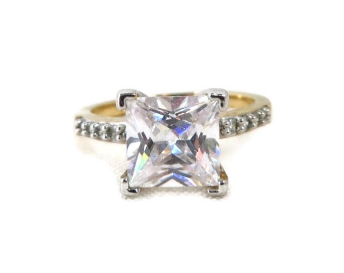 Vintage CZ Solitaire Engagement Ring, Gold Plated Princess Cut CZ Ring, Bridal Jewelry Size 8