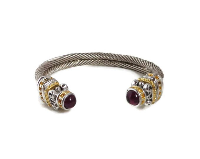 Vintage Grooved Cuff Bangle, Silver Tone Gold Tone Red Beaded Bracelet