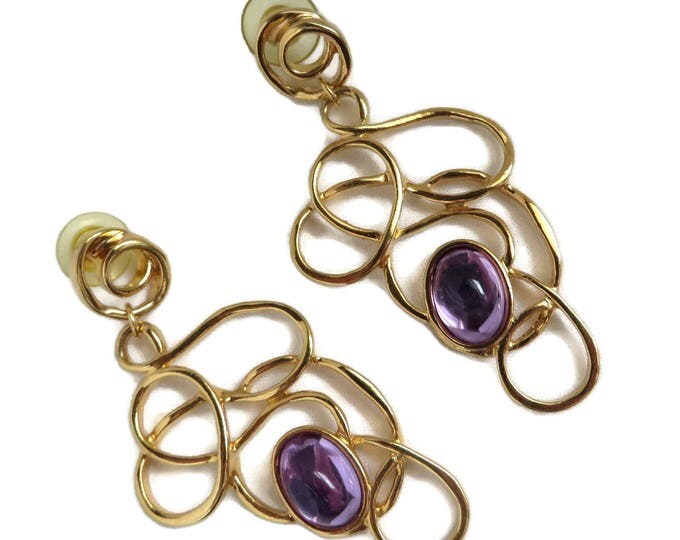 Vintage Pierced Stud Dangles - Gold Tone Purple Glass Dangling Pierced Studs, Abstract Earrings, Valentine's Day Gift