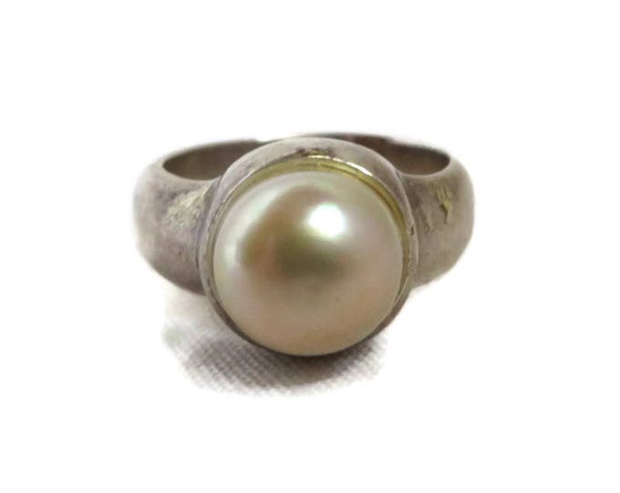 Vintage Pearl Ring, Sterling Silver Wide Band Antique Finish Estate Ring Size 6