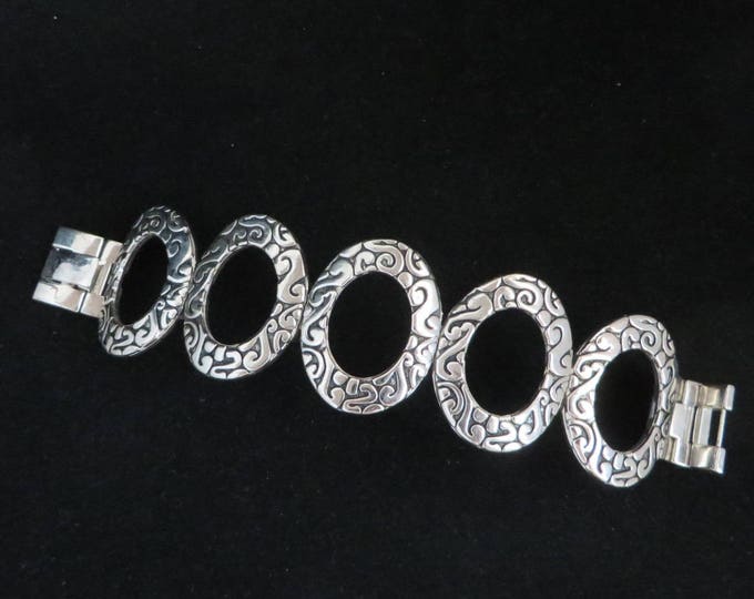 Chunky Scrolled Link Bracelet, Vintage Silver Tone Etched Bracelet