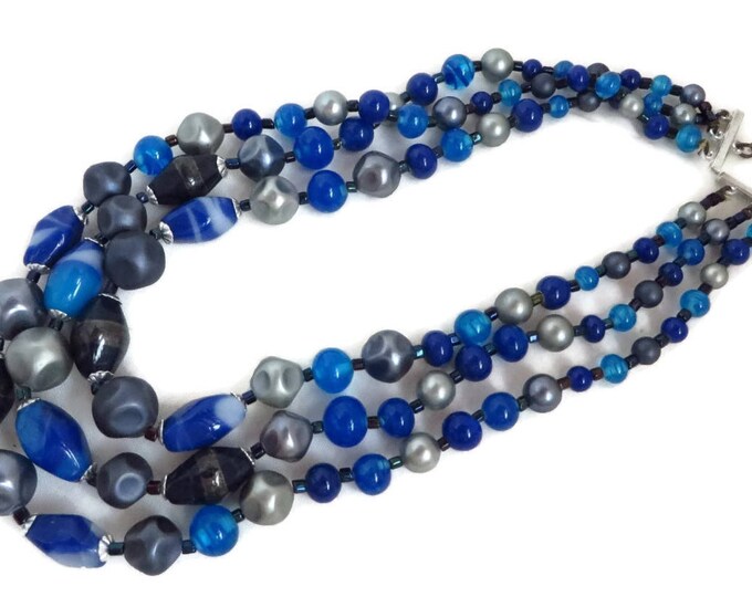 Vintage Japan Blue Bead Necklace, Multi Strand Beaded Choker, Mid-Century Costume Jewelry