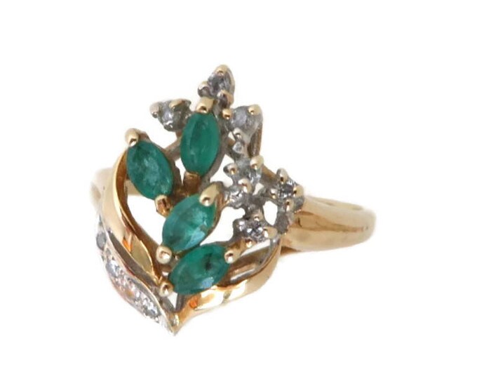Emerald - 14K Gold Emerald & Diamond Ring, Vintage Estate Cocktail Ring, Size 5, FREE SHIPPING