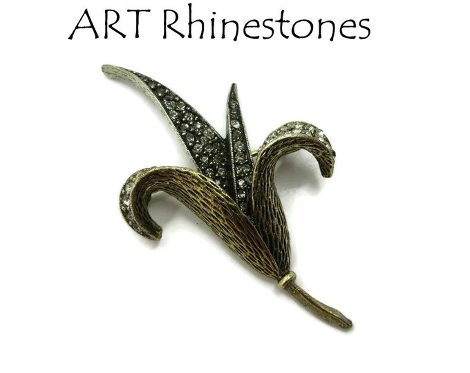 Flower Brooch, Rhinestone Leaf Brooch, Signed "ART" Pin, Gold Tone Brooch, Vintage Jewellery, Gift for Her