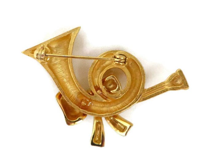 Vintage Christmas Horn Brooch, Golden Bow & Horn Holiday Pin, Gift for Her