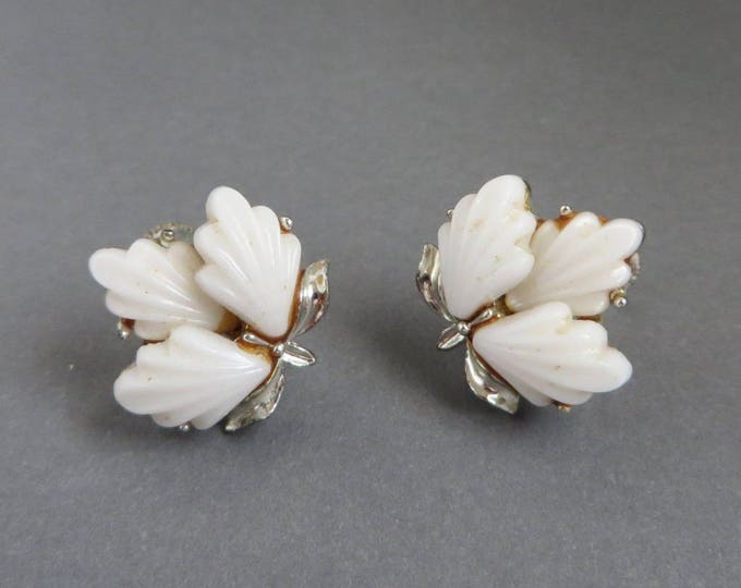 White Earrings, Signed Longcraft White Thermoset Earrings - Vintage White Leaf Silver Tone Screwback Earrings