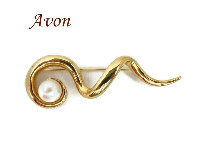 Vintage AVON Squiggle Brooch - Gold Tone Faux Pearl Pin, Gift for Her