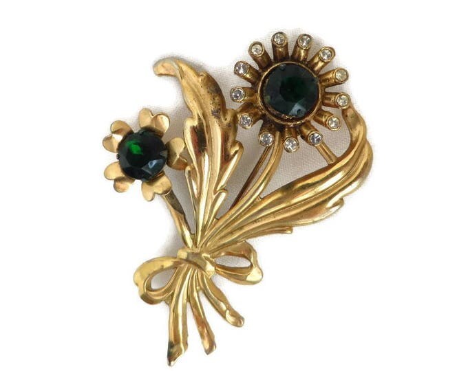 Rhinestone Bouquet Brooch - Vintage Green White Rhinestone Gold Tone Floral Pin, Gift for Her, Gift Boxed