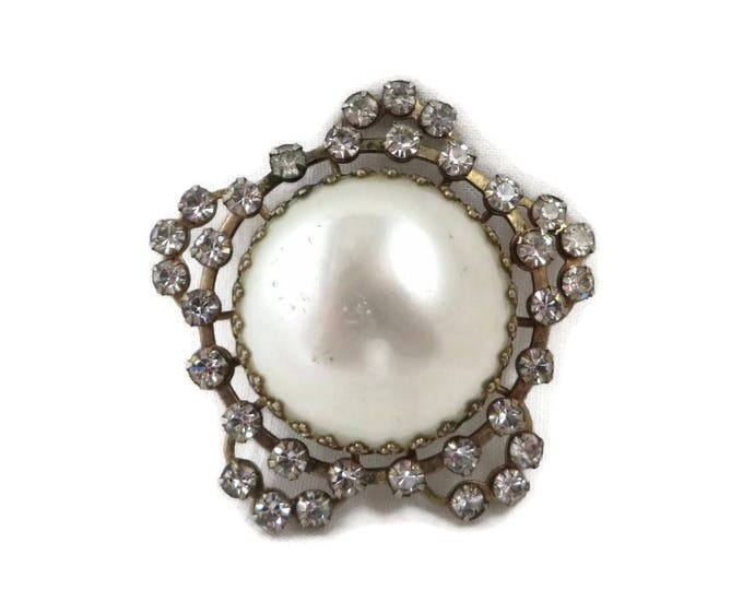 Vintage Faux Pearl Silver Tone Rhinestone Brooch
