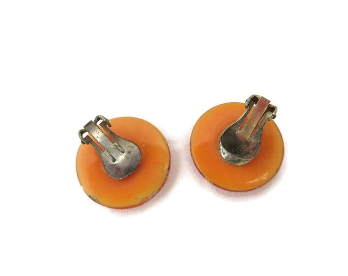 Orange Lucite Earrings, Vintage Confetti Earrings, Mid Century Button Clip on Earrings, Party Jewelry