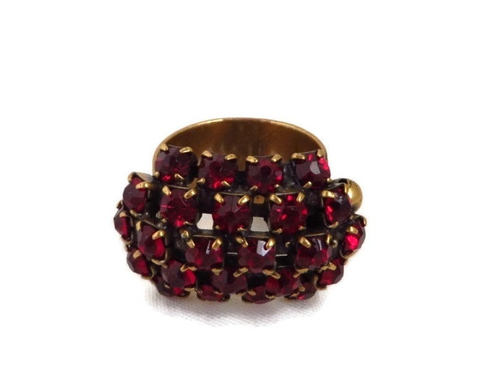 Rhinestone Ring, Vintage Ruby Rhinestone Ring, Gold Tone Wide Band Multi Stone Cocktail Ring, Adjustable Ring