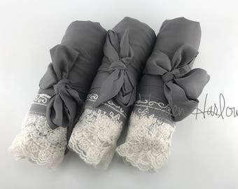 Charcoal Gray Cotton Robe with ivory lace trim-Bride Bridesmaid Flowergirl Gift-Monogrammable | sizes 0-26 standard or petite, child sizes