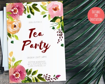 Tea Party Invitation, Editable PDF Invitation Template, Watercolor Summer Luncheon DIY Card | Burlap Wedding Tea Floral Card - Editable Text