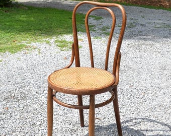 Vintage Thonet Style Bentwood Bistro Chair Cane Seat Medium Dark Tone Wood Austrian Bentwood Label PanchosPorch