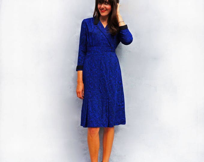 Blue Wool Dress, Navy Blue Dress, Leaf Print Dress, Vintage Marks + Spencers Dress, 1980s Dress, Shirt Dress, Midi Dress, Dress With Sleeves