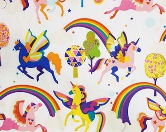 Unicorn fabric, Alexander Henry Magic Rainbow Shine in the Brite White colorway