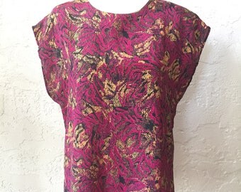 Vintage Kimono Sleeve Magenta and Gold Print Sleeveless Blouse M