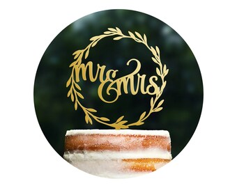Rustic Wedding Cake Topper, Rustic Mr and Mrs Topper, Laurel Wedding Cake Topper, Wreath Decor, Wedding Decor, Acrylic Cake Topper (T280)