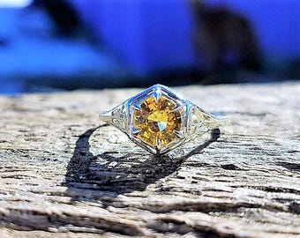 Art Deco Engagement Ring 1.00ct Yellow Sapphire Unique Engagement Ring Vintage Antique 1920 14k Yellow & White Gold