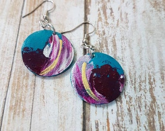 Hand painted leather dangle hook earrings teal purple gold and pearl