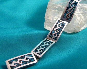 Vintage Taxco Bracelet Mexico Signed Sterling Silver Crushed Turquoise Malachite Link 36.5 Grams Sterling Jewelry-Vintage Jewelry