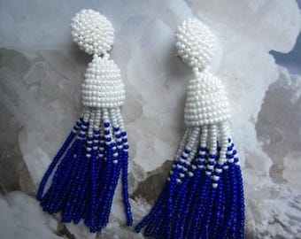 SALE HALF PRICE off Ombre tassel Earrings, White Blue statement earrings, tassel earrings, beaded dangle earrings, Designer earrings