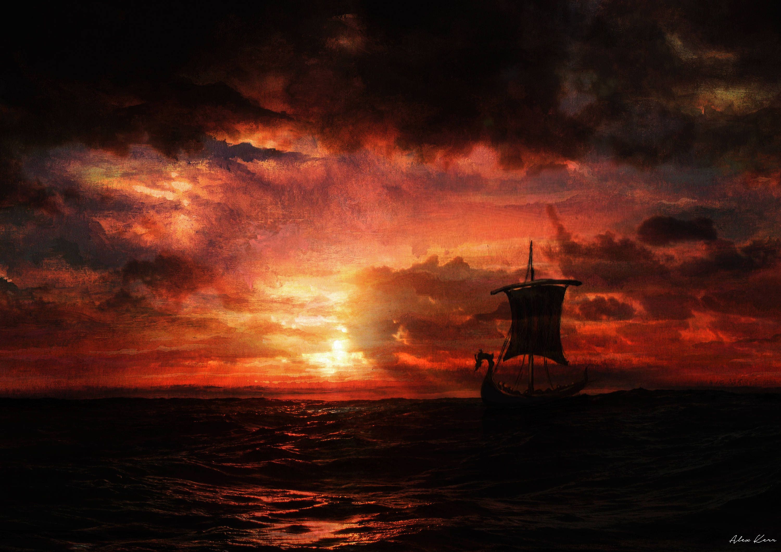 Viking Ship Sunset Seascape Sky Wall Art Painting Home