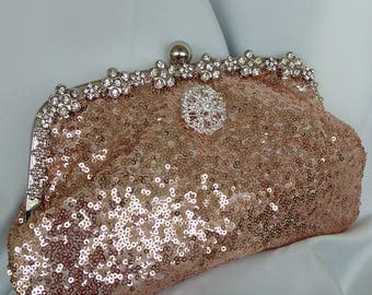 Blush rose gold champagne sequin rhinestone frame wedding clutch purse new years eve holiday prom clutch BBsCustomClutches