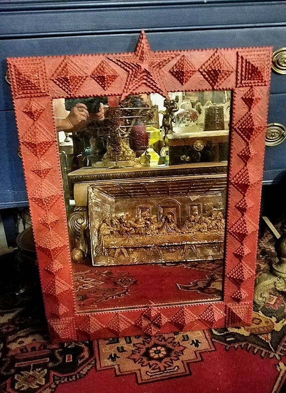 Tramp Art Large Vintage Tramp Art Red Mirror