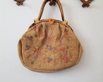 Vintage Woven Sisal Embroidered Purse with Bamboo Handles