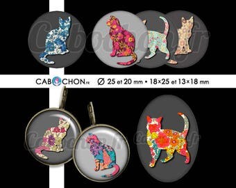 Liberty Cat 3 • 60 Images Digitales RONDES 25 20 mm et OVALES 18x25 13x18 mm chat silhouette liberty fleurs motifs retro vintage flowers