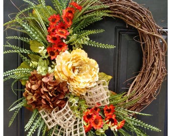 FALL Door Decor, Everyday Wreaths, Wreath for Front Door, Wreath, Hydrangea Wreath with Peony and Greenery