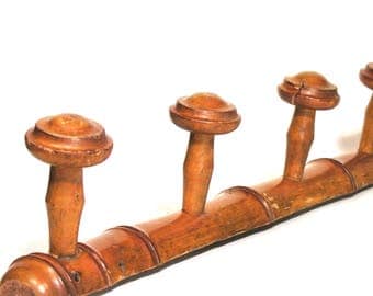 French Wooden Coat Rack Faux Bambou - 5 Wooden Wall Hooks - Wooden Peg Rack - Rustic Wall Rack Organizer - Vintage Entrance Rustic Decor