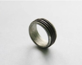 Chunky Pewter & Brown Cord Mens Ring // Medium UK Size Q // Made in England // Gift Idea For Him
