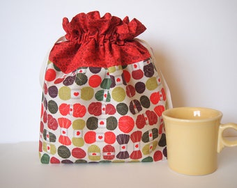 Knitting Project Bag, LARGE, original yarn fabric, drawstring, 12" x 12", perfect for yarn, knitting, sewing or crochet. Store and organize