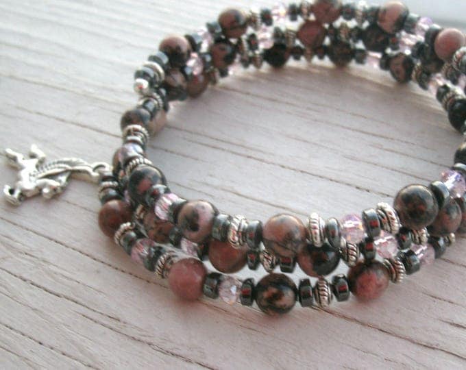 Rhodonite and Hematite with silver pegasus memory bracelet, pink and black stone beads, silver, stainless steel memory wire, fantasy charm