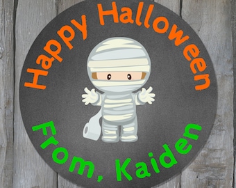 Personalized Happy Halloween Mummy Stickers - Halloween Treat Bag Labels - Customized Halloween Stickers - Buy 3 Get 1 Free