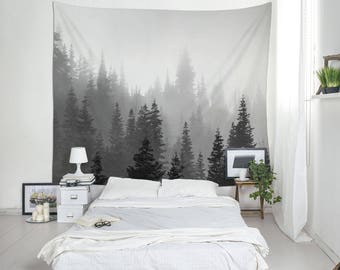 Tree Tapestry, Black And White, Landscape Photo, Forest Tapestry, Nature Wall Decor, Washington State, Fog Tree Tapestries, Pine Trees