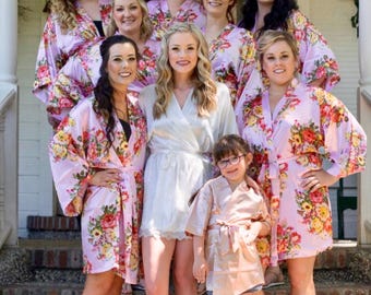 Set of Robes, Bridesmaid gifts, Bulk Bridesmaid robes, satin floral bridesmaid robes, set of 6, 7, 8, 9, 10, bulk bridesmaid gifts, custom