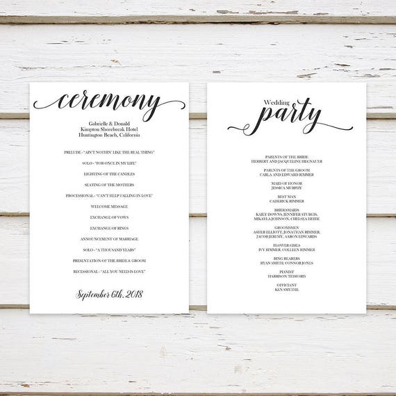 Printable Simple Wedding Program, Unique Wedding Program, Modern Program, Calligraphy, Cute, Black and White, Clean, MB207 Il_570xn