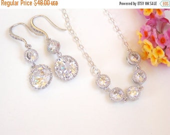 SALE Wedding Jewelry, Cubic Zirconia, Sterling Silver, Bridesmaids Gifts, Earrings and Necklace,Mother's of the Bride Set,Dangle,Long,Pendan