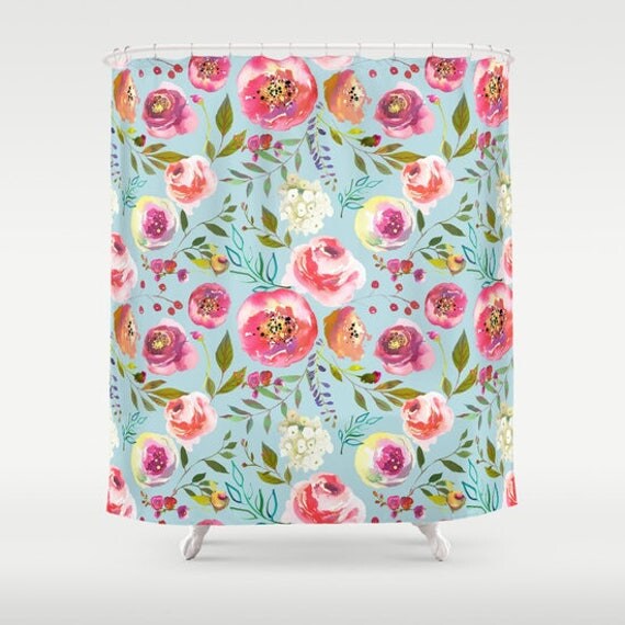 Blue Floral Shower Curtain Girls Bathroom Robins Egg Blue Pink
