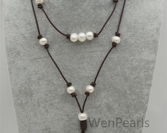 White pearl and leather necklace,near round Freshwater Pearl Drop Necklace,gift for her,Wen pearls,wholesale,Le4-114