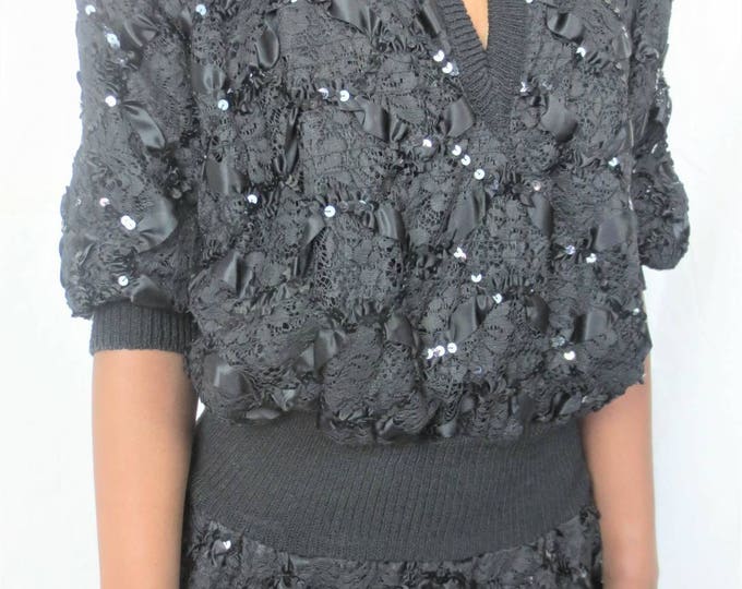 90s MARNI vintage knit embroidered lace sequin drop waist ribbed combo batwing sleeve LBD sweatshirt cocktail dress