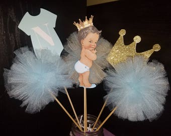 Prince Centerpiece Onesie Mason Jar Crown Gold Blue Baby Shower Christening Welcoming 1st Birthday PLEASE READ LISTING! Set of 6 pc.